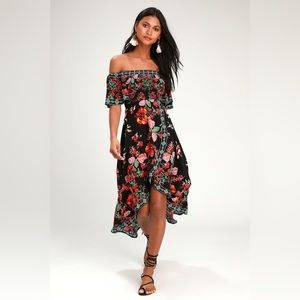 Danica Black Floral Print Smocked High-Low Maxi Dress